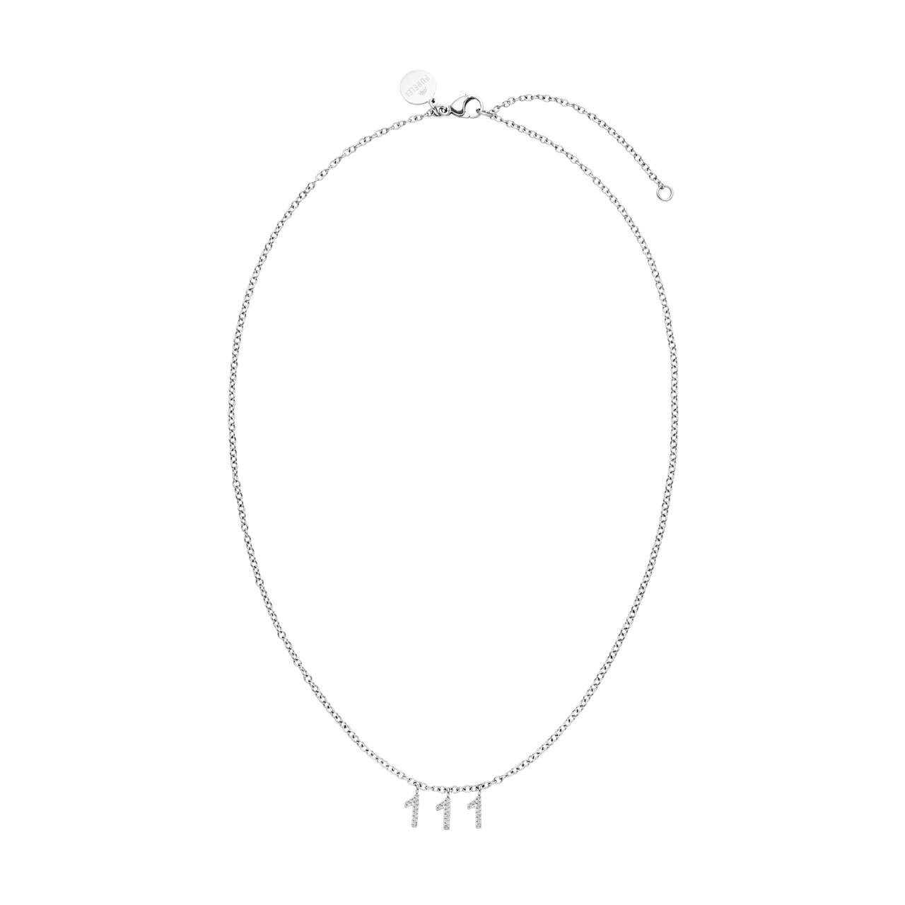 Silberne 111 Kette mit Zirkonia-Zahlenanhängern an feiner Ankerkette, elegant und nickelfrei.