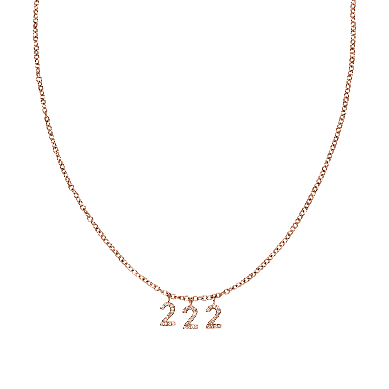 Roségoldene 222 Kette mit Zirkonia besetzten Zahlenanhängern und Ankerkette, elegant und filigran.