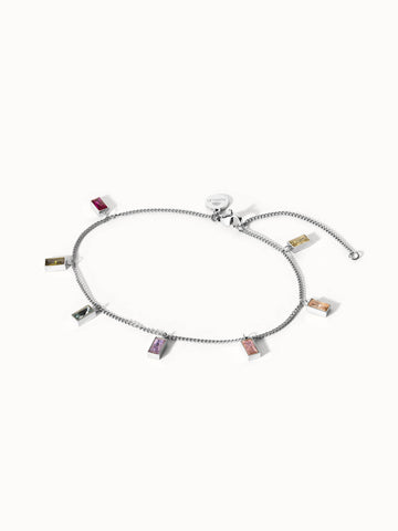Rainbow Fusskettchen von PURELEI, silberne Fußkette mit bunten Zirkonia-Steinen, elegant und lebensfroh gestaltet.