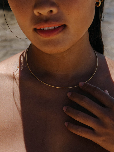 Fashion Show Choker aus 18K Gold-Edelstahl, minimalistisch, warm am Hals getragen, PURELEI-Ästhetik, elegant und feminin