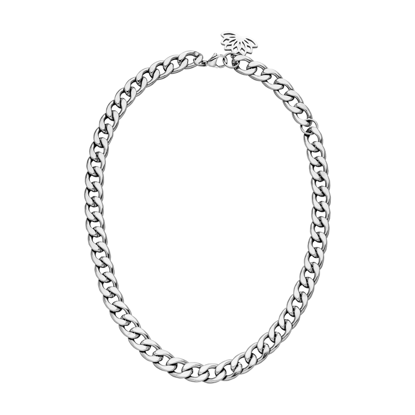 PURELEI Ikaika Kette aus nickelfreiem Silber mit markantem Gliederdesign und floralem Anhänger, elegant und modern.
