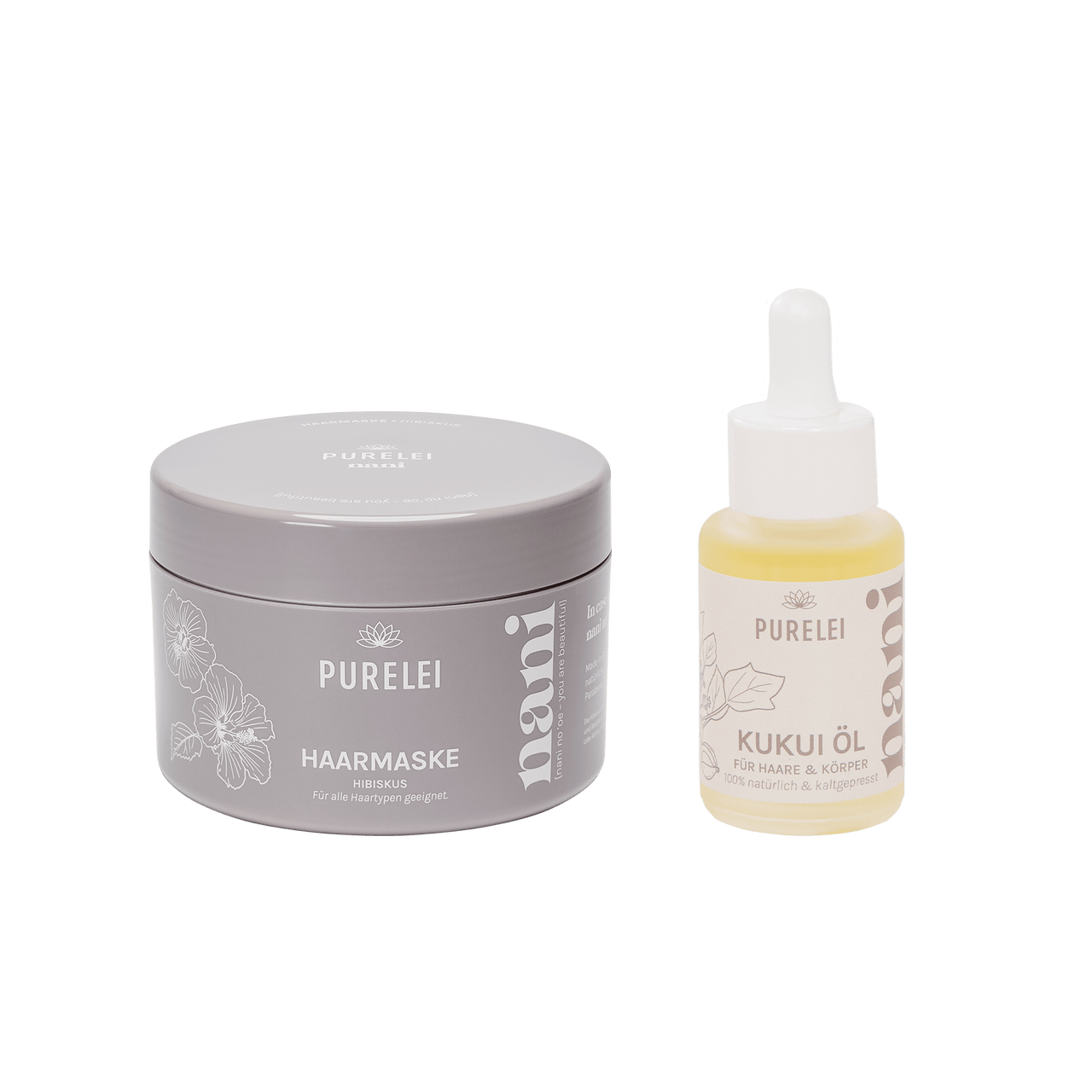 PURELEI Hawaiian Gloss Haircare Set mit Hibiskus Haarmaske und Kukui Öl für natürliche Pflege und tropischen Duft.