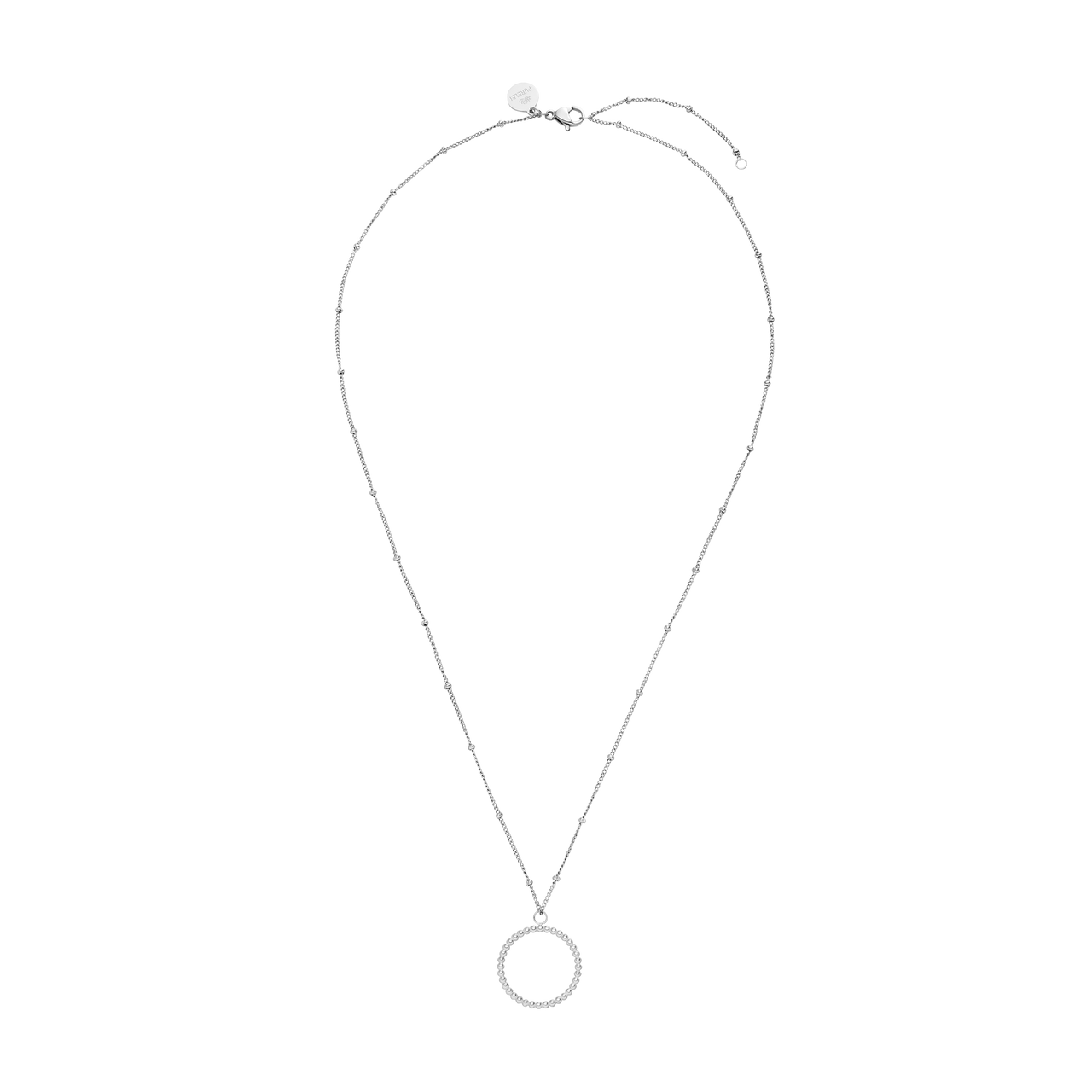 PURELEI Karma Kette aus silbernem Edelstahl mit filigranem Kreisanhänger, elegant und zeitlos gestaltet.