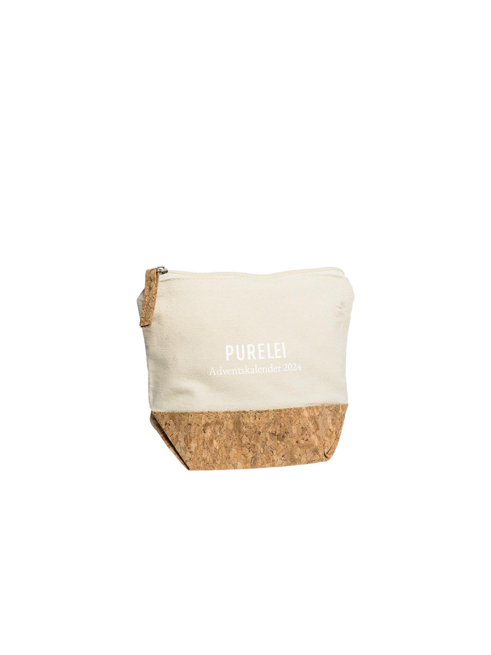 Naturfarbene Advent Kosmetiktasche aus Baumwolle mit edlem Korkboden, PURELEI Schriftzug, clean & elegant gestaltet