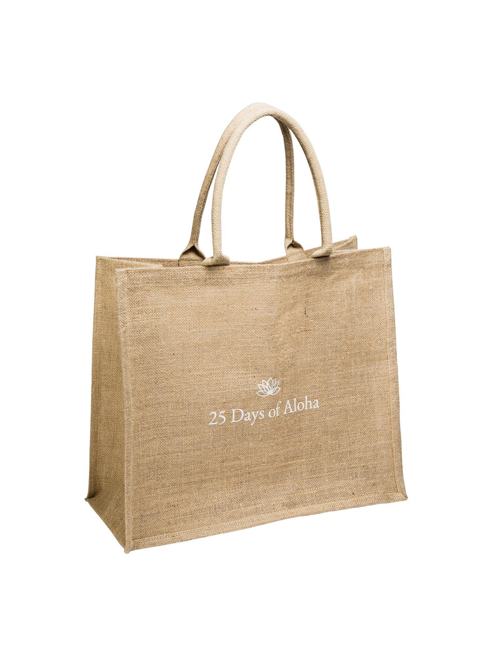 Große Jute Tote Bag mit weißem Lotus-Print und „25 Days of Aloha“ Schriftzug, natürlich und elegant Onlineprinters