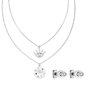 Silberne Kette mit Augenmotiv und Ohrringen, elegant und modern, von PURELEI.