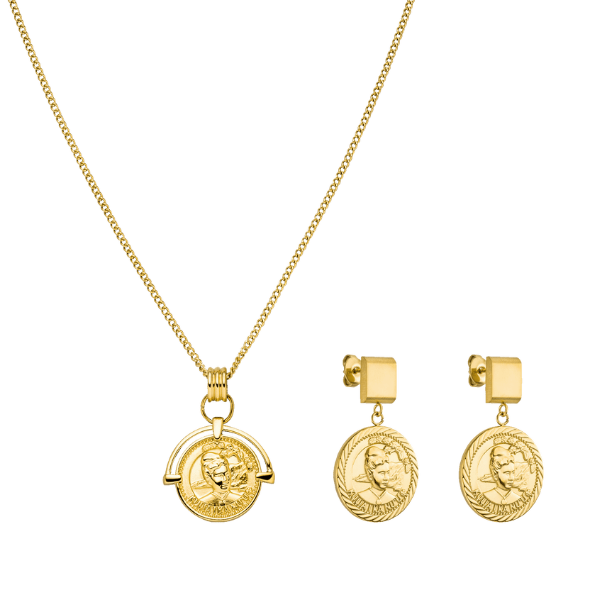 Goldene Kette und Ohrringe mit Münzdesign von PURELEI, elegant und feminin.