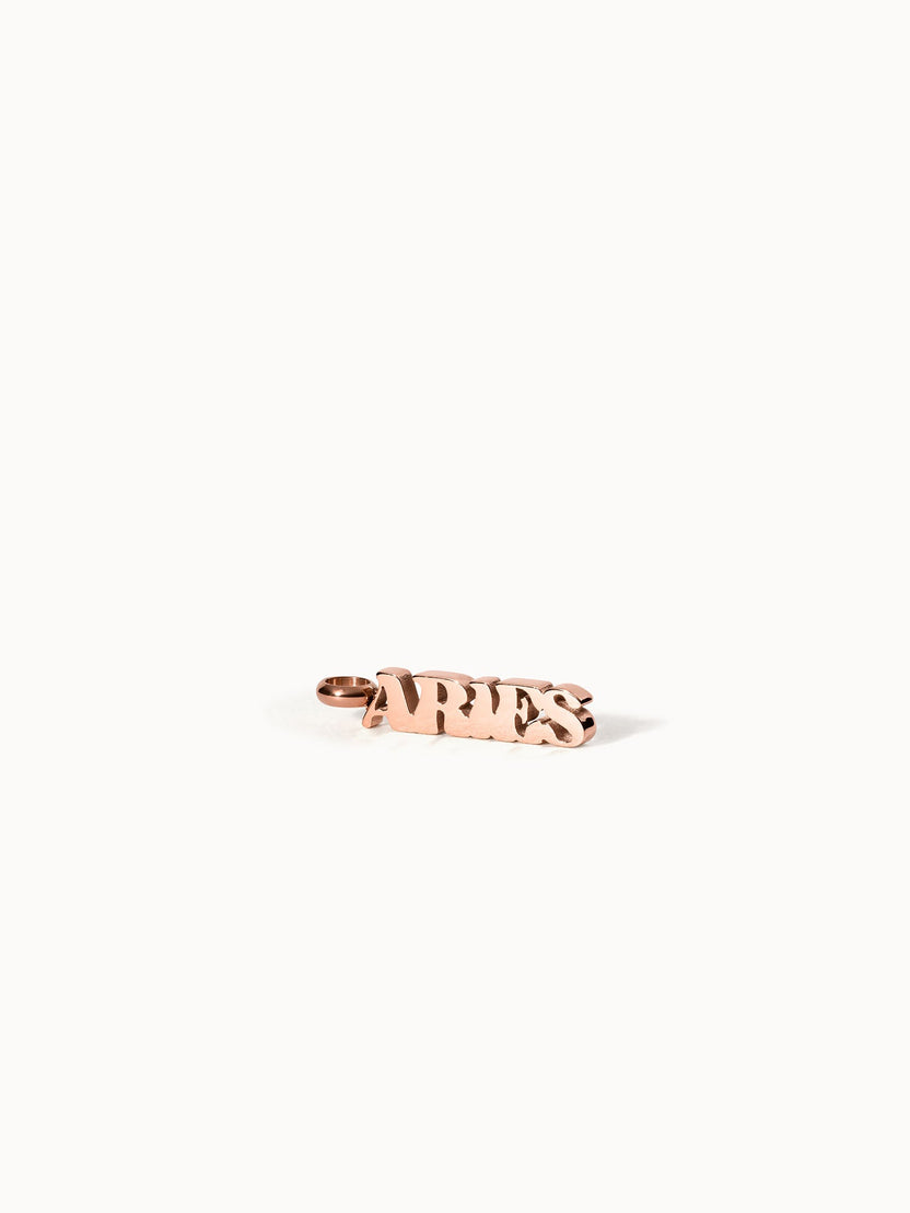 Roségoldener Aries Letter Charm aus Edelstahl, klare Typografie, elegant minimalistisch, PURELEI Design.