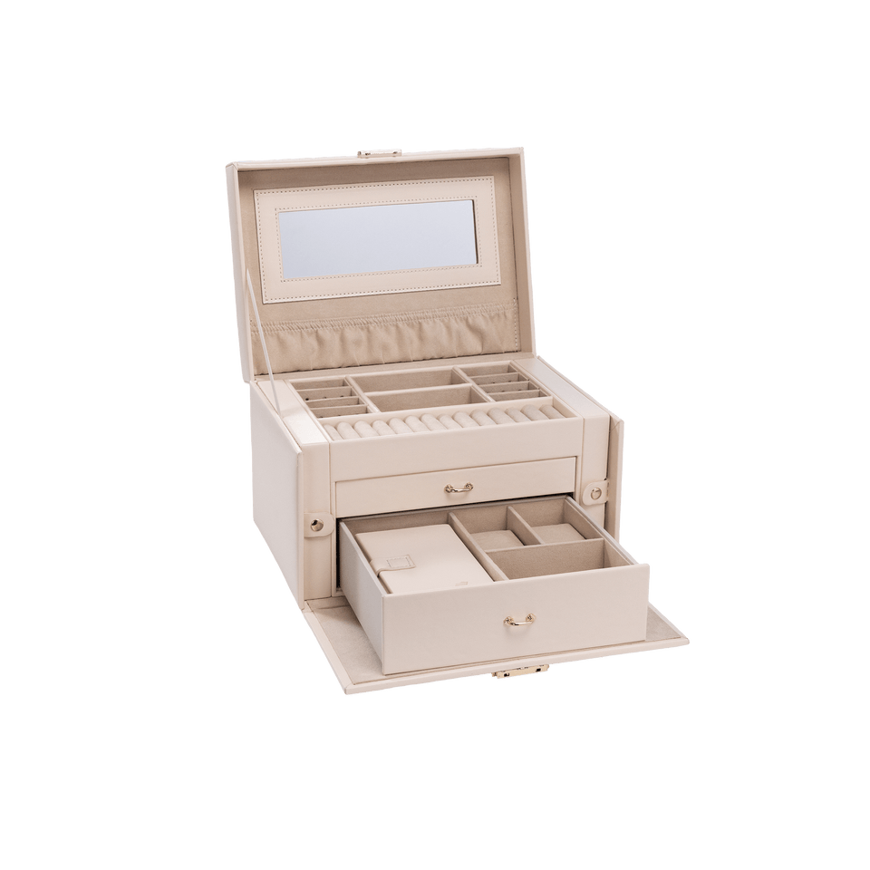 Beige PURELEI Jewelry Box aus weichem Wildleder mit Spiegel, entnehmbarer Schmuckbox – elegant und feminin.