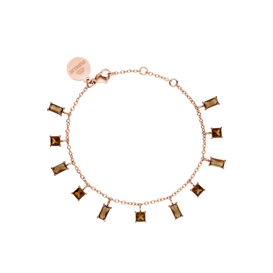 Powder Sepia Armband in Roségold mit rauchquarzbraunen Zirkonia, fein und elegant, PURELEI Signature Tag sichtbar.