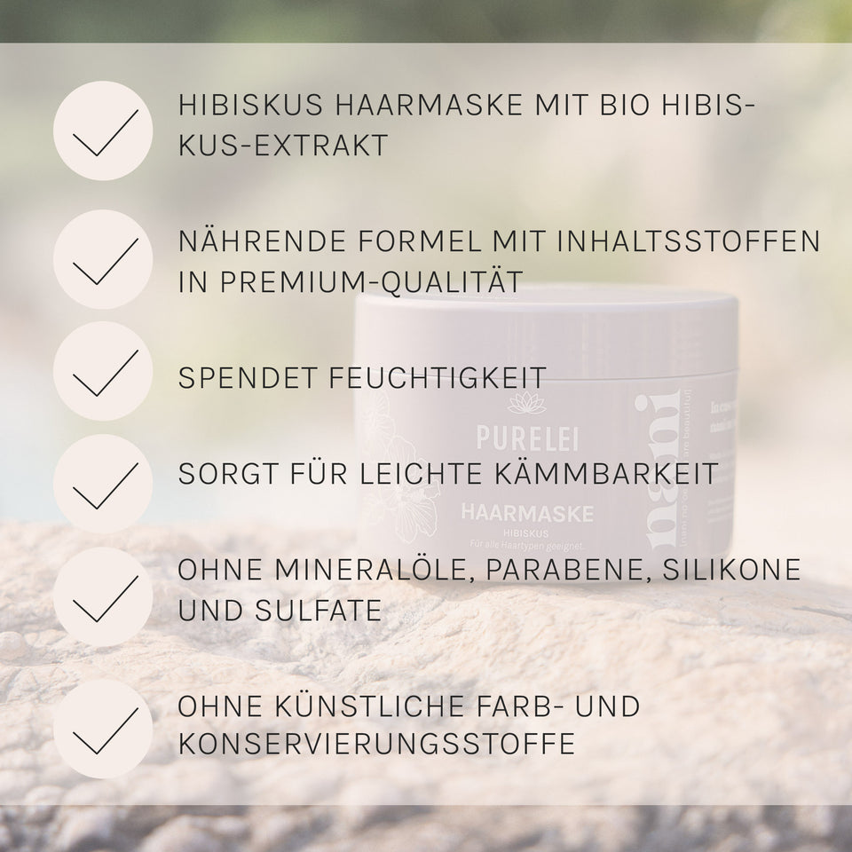 PURELEI Hawaiian Gloss Haircare Set mit Hibiskus Haarmaske und Kukui Öl, natürliche Pflege für glänzendes Haar.
