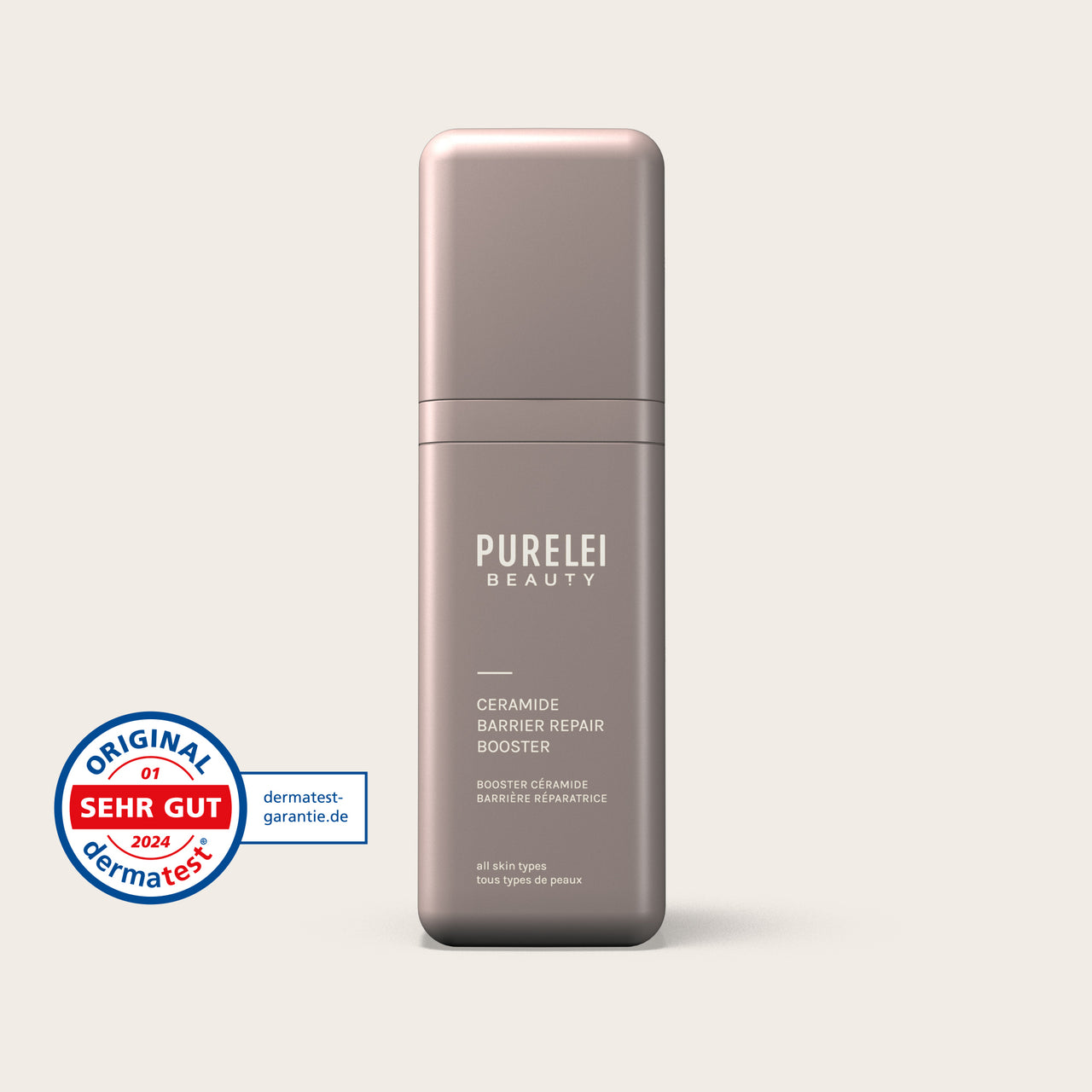 PURELEI Ceramide Barrier Repair Booster in elegantem Beige, leichtes Serum für strahlende, gepflegte Hautbarriere.