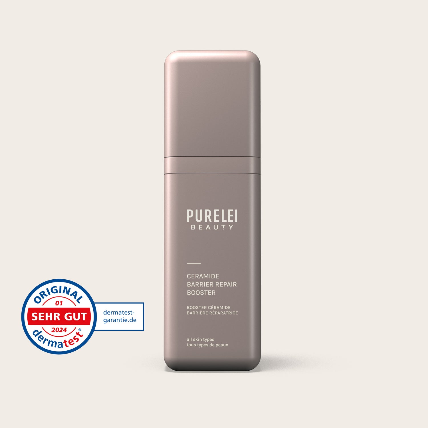 PURELEI Ceramide Barrier Repair Booster in elegantem Beige, leichtes Serum für strahlende, gepflegte Hautbarriere.