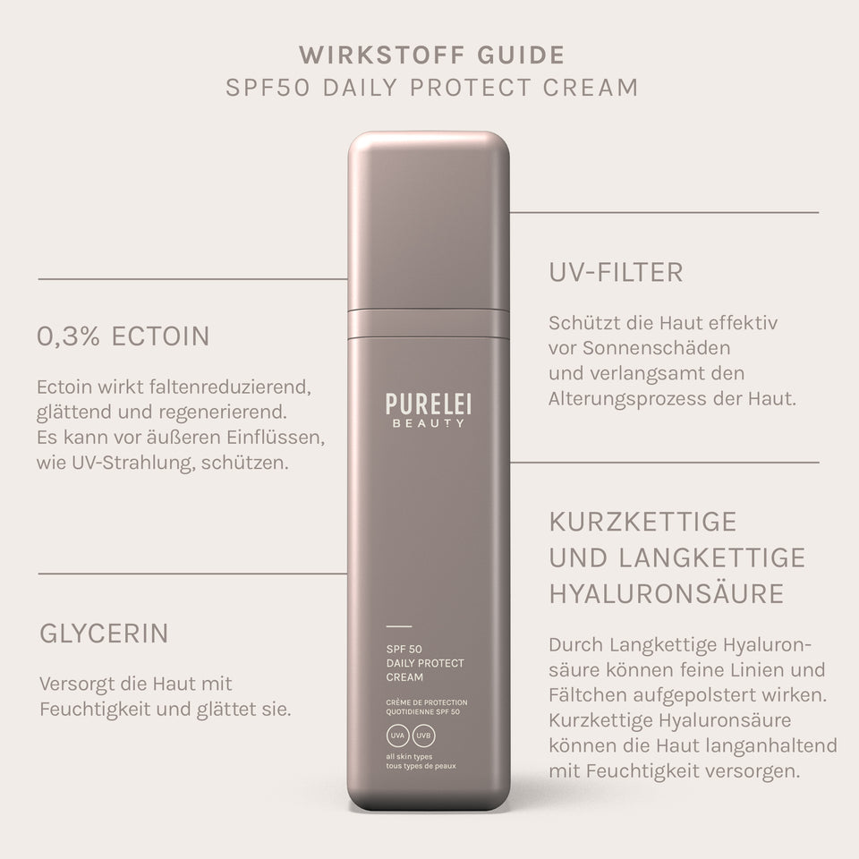 PURELEI Daily UV Protect Duo mit SPF50 Creme, pflegend, feuchtigkeitsspendend und schützend in elegantem Packaging.