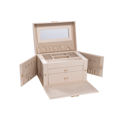 Elegante Schmuckbox in sanftem Beige mit goldenen Details von PURELEI.