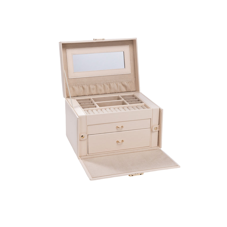 Beige PURELEI Schmuckbox aus edlem PU und Wildleder mit integriertem Spiegel, elegant und feminin auf weißem Hintergrund.