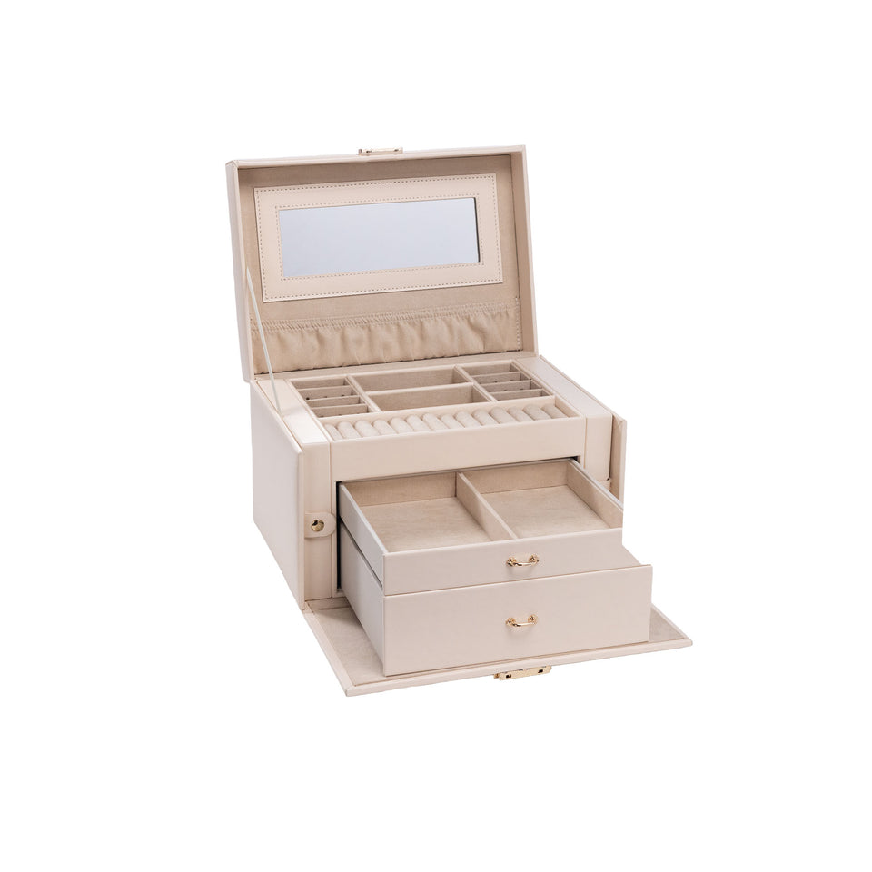 PURELEI Jewelry Box aus beigem Wildleder und PU mit Spiegel und vielseitigen Fächern für ordentlichen Schmuck.