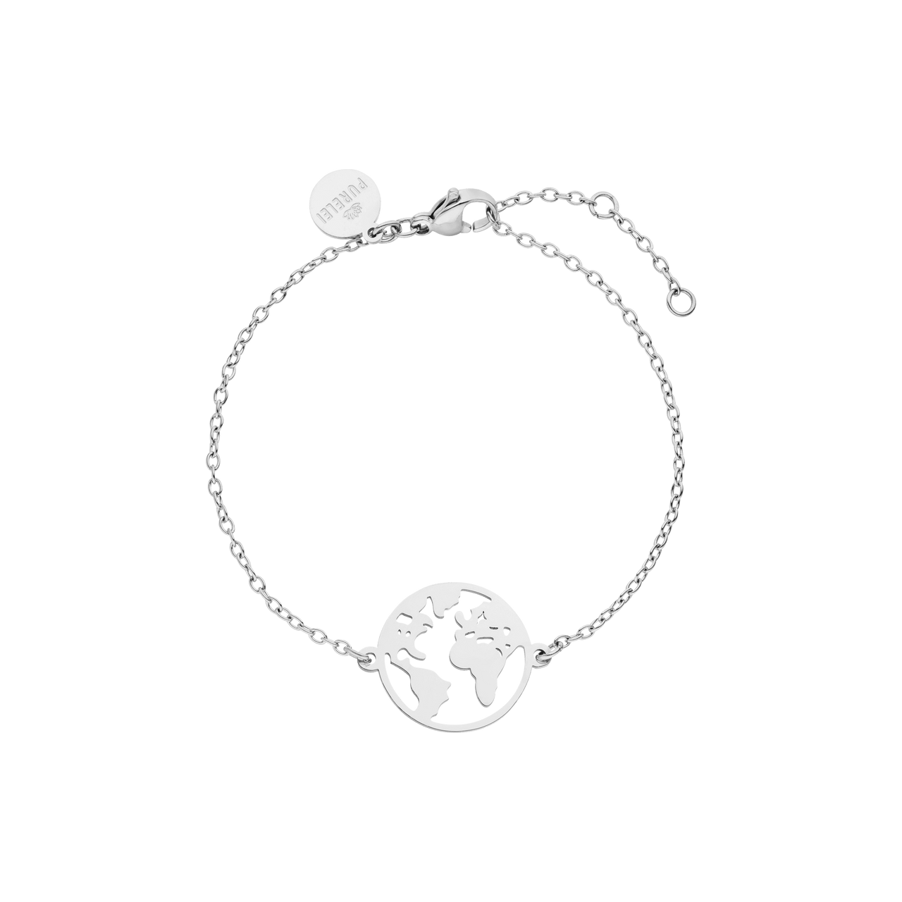 PURELEI World Map Armband aus nickelfreiem Silber mit filigraner Weltkarte, elegant und minimalistisch am Handgelenk getragen