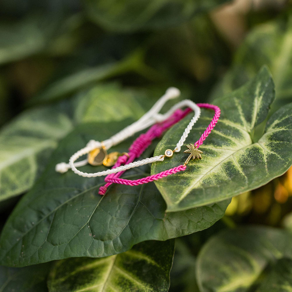 Pink Island Armband Set aus 18K vergoldetem Edelstahl mit Palme und Zirkonia, leger auf grünen Blättern – PURELEI.