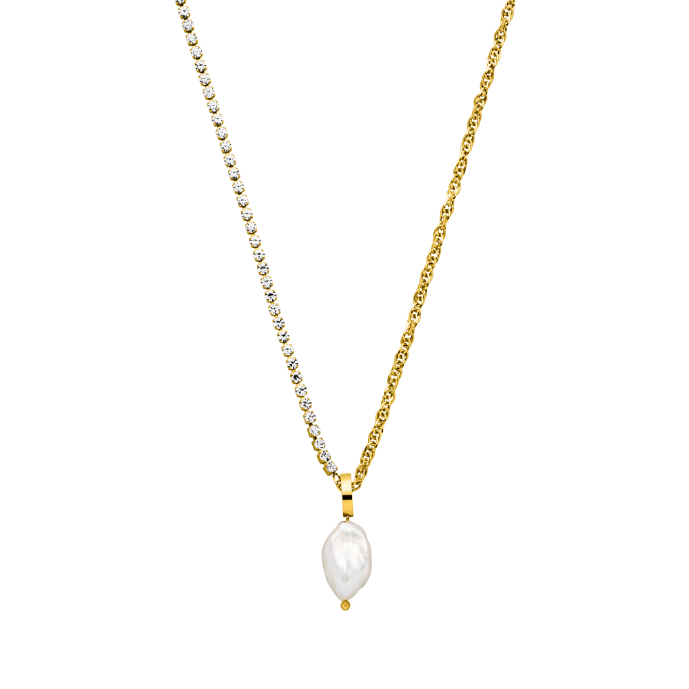 Elua Kette von PURELEI mit 18K Gold Edelstahl, halbseitiger Zirkonia-Kette und echter Keshi-Perle, elegant und feminin.