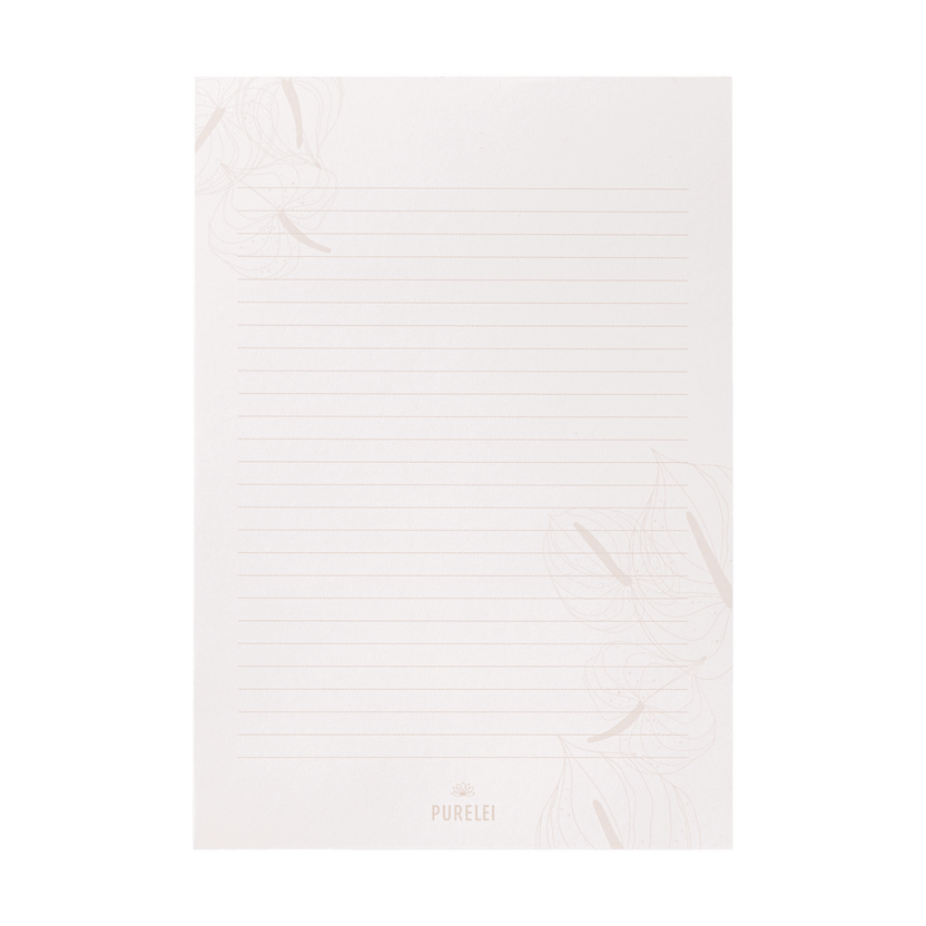 Helle, linierte Notizseite mit zarten Blättern, PURELEI-Logo am unteren Rand.