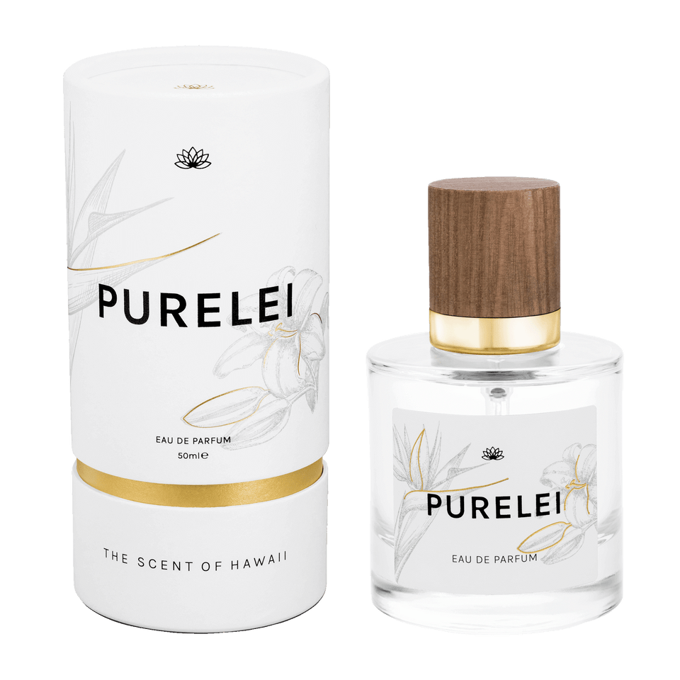 PURELEI Eau de Parfum mit floralem Design und Holzkappe, inspiriert von hawaiianischer Leichtigkeit und Natur.