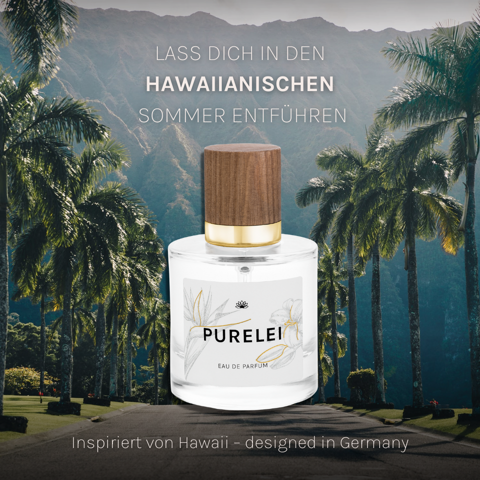 PURELEI Eau de Parfum 50ml mit Holzdeckel vor tropischer Kulisse, inspiriert von hawaiianischer Leichtigkeit.