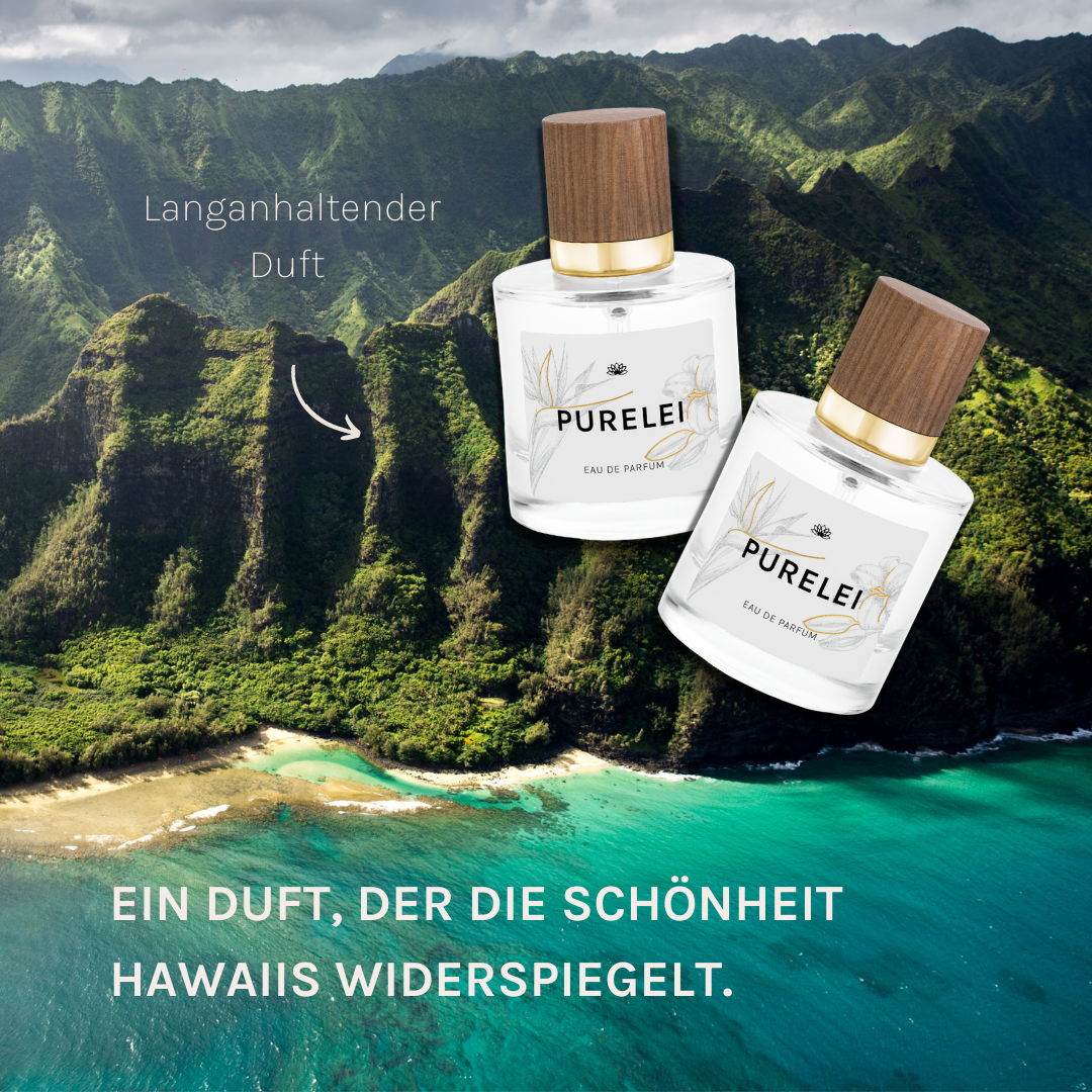 PURELEI Eau de Parfum 50ml mit Holzdeckel vor hawaiianischer Berglandschaft, tropisch und elegant.
