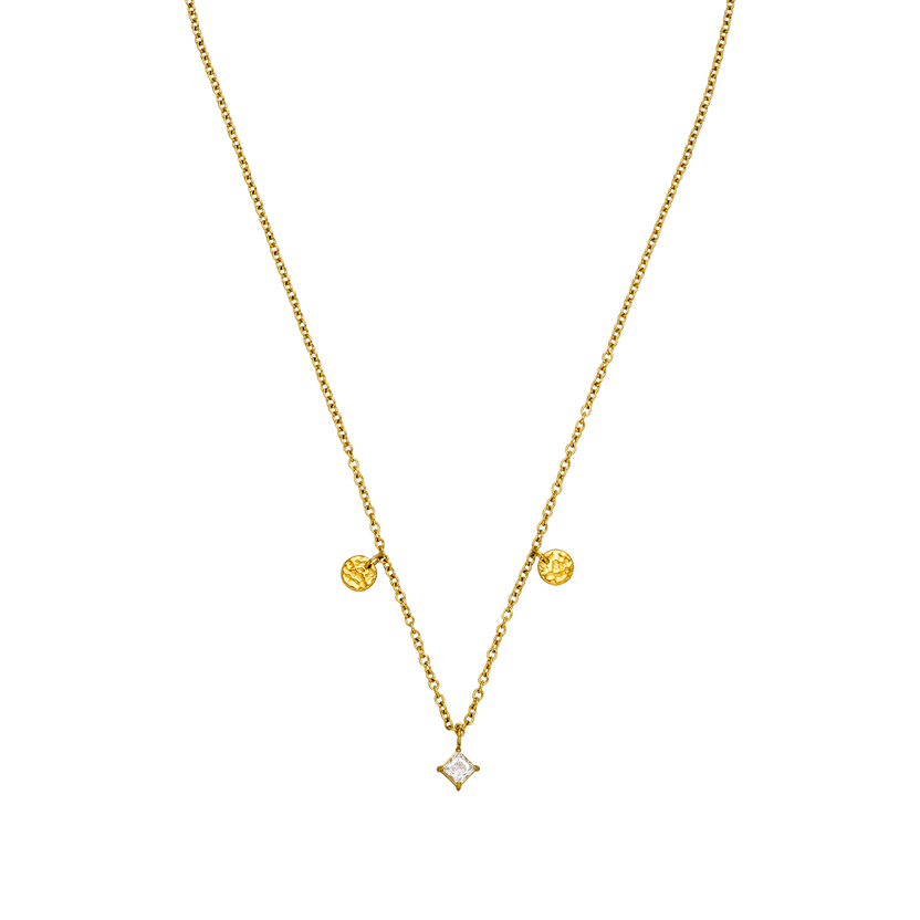 Goldene Kette mit funkelndem Anhänger und strukturierten Elementen von PURELEI.