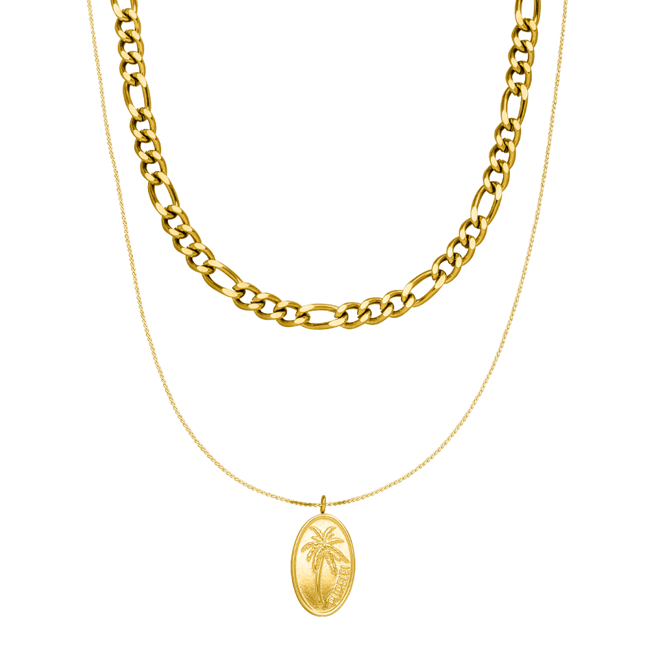 PURELEI Aiani Ketten-Set: 18K vergoldetes Layering mit Palmenanhänger, elegant und zeitlos, warmes Insel-Flair.