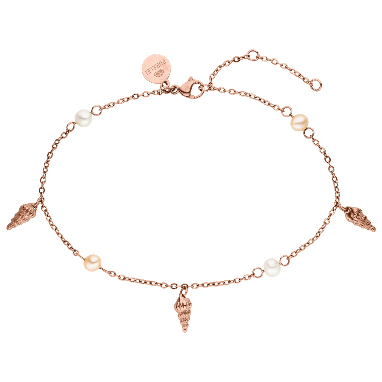 PURELEI Akala Fusskettchen Roségold mit Süßwasserperlen und Muschel-Anhängern, fein und feminin, island-spirit inspiriert
