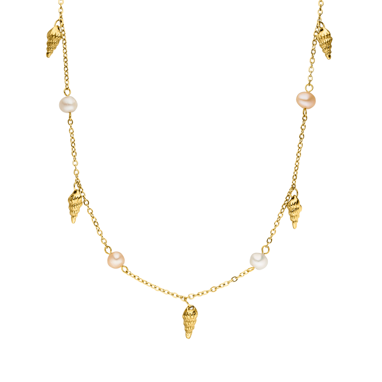 PURELEI Akala Kette aus vergoldetem Edelstahl mit Muschel-Anhängern und echten Perlen, elegant und feminin.