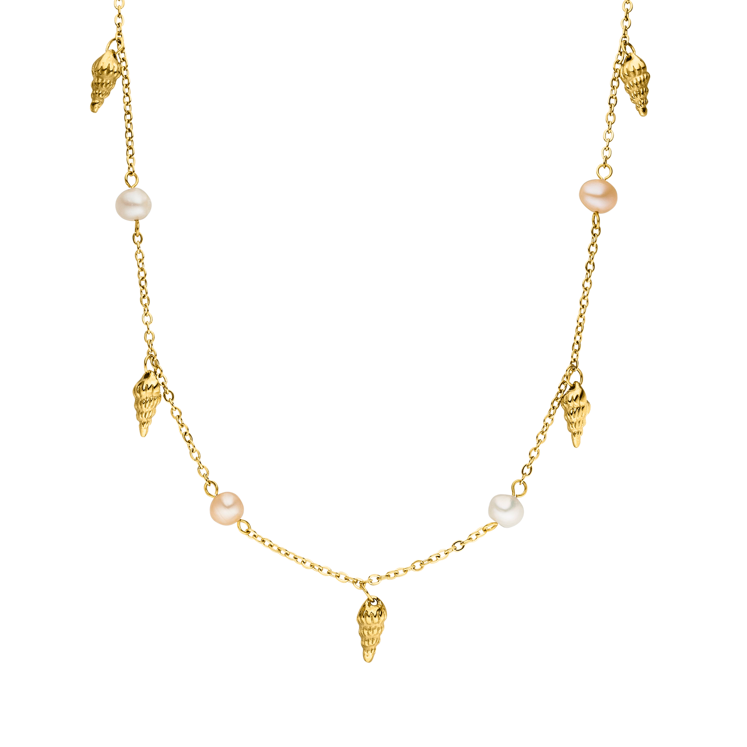 PURELEI Akala Kette aus vergoldetem Edelstahl mit Muschel-Anhängern und echten Perlen, elegant und feminin.