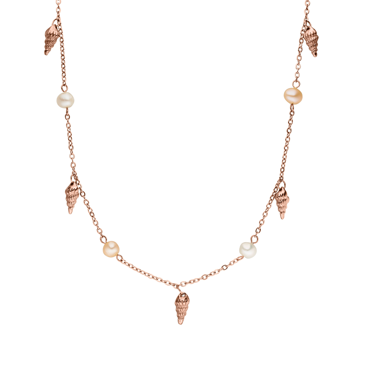PURELEI Akala Kette Roségold mit Muschelanhängern und echten Perlen, feminine Insel-Ästhetik, elegant und zeitlos.