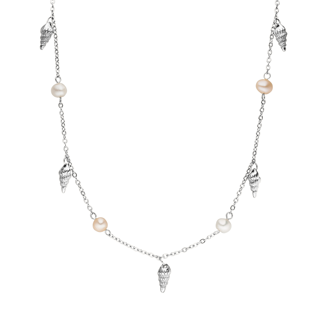 PURELEI Akala Kette aus silbernem Edelstahl mit Muschel-Anhängern und feinen Süßwasserperlen, elegant und feminin.
