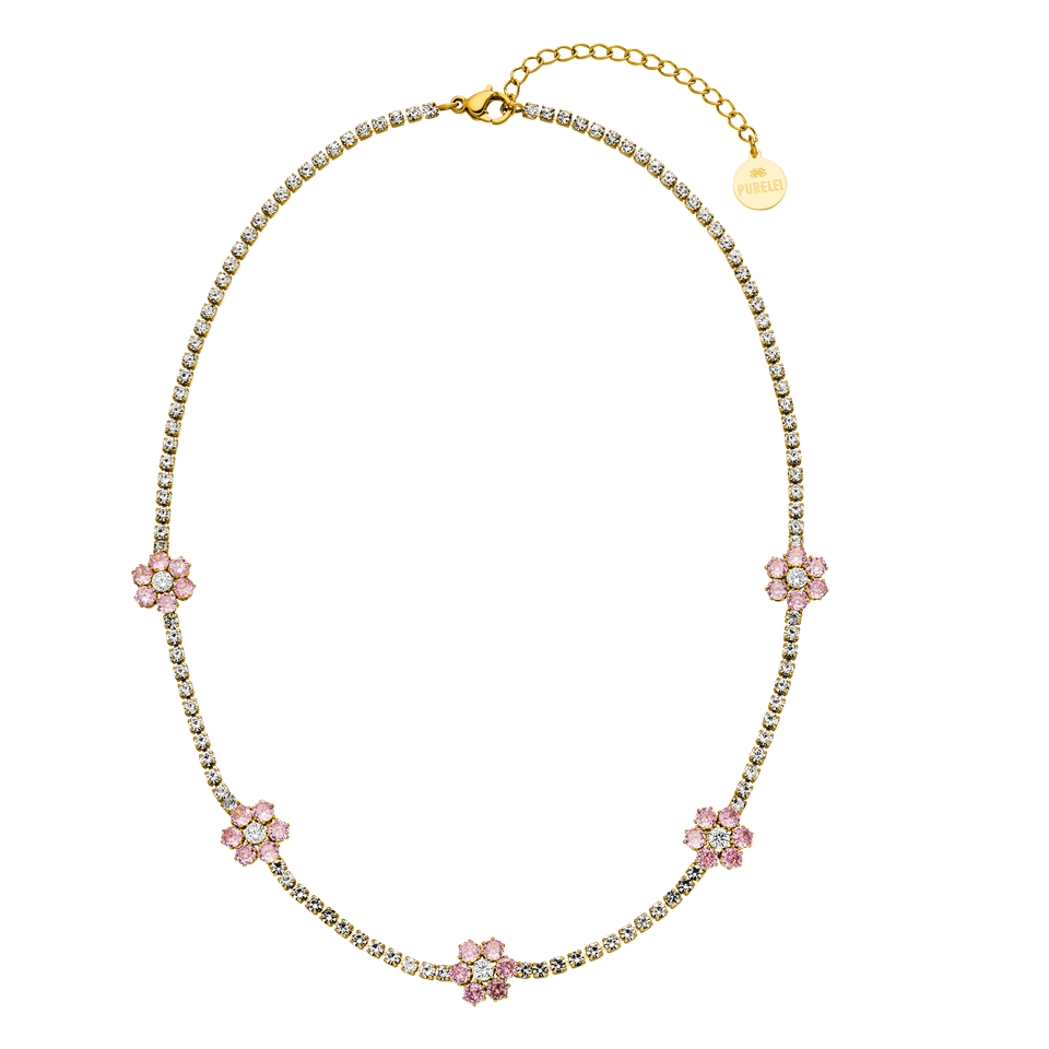 Anima Kette von PURELEI, 18K vergoldet mit rosa Zirkonia-Blumen, eleganter, femininer Schmuck für besondere Momente.