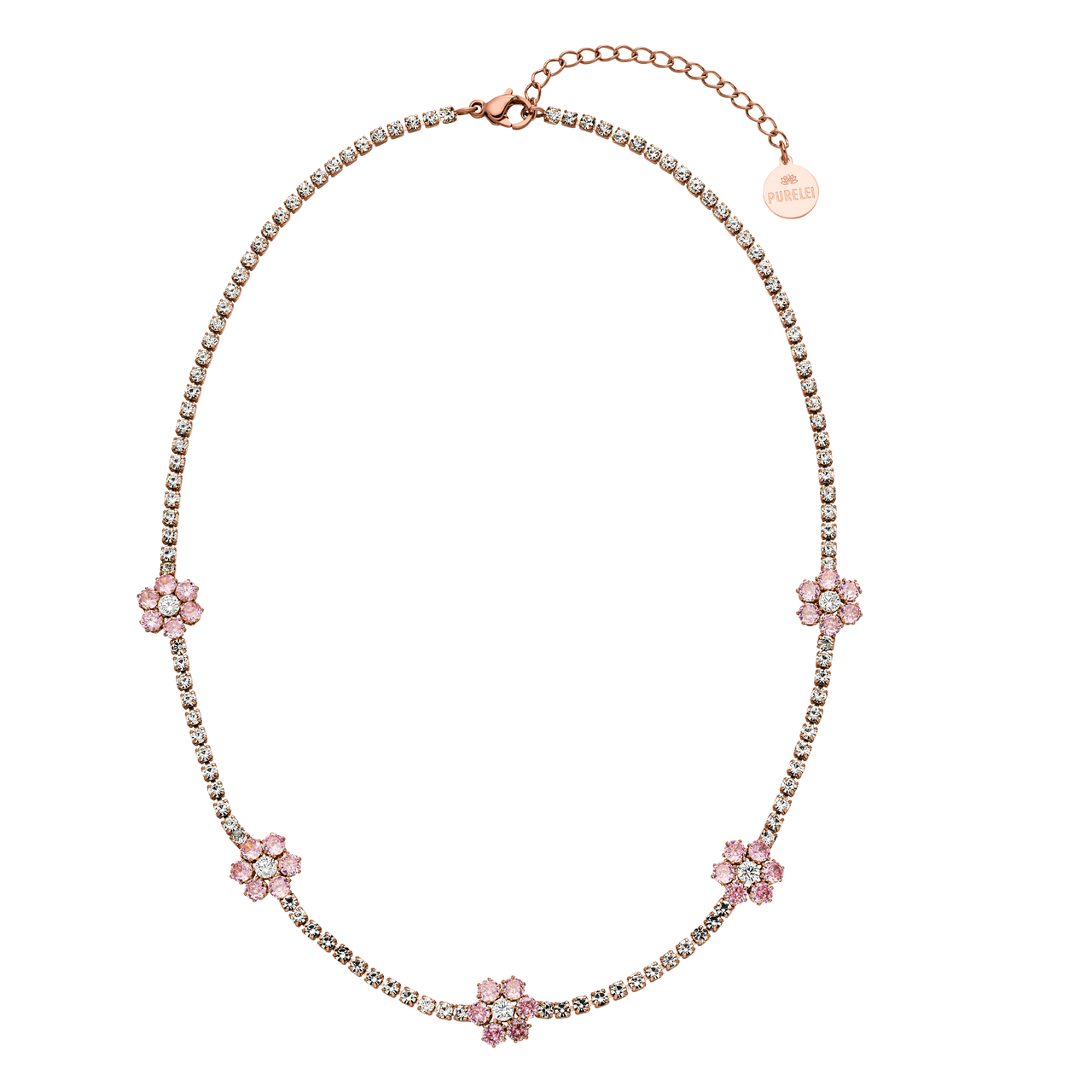 Anima Kette aus roségoldenem Edelstahl mit rosa Zirkonia-Blumen, elegant und nickelfrei von PURELEI.