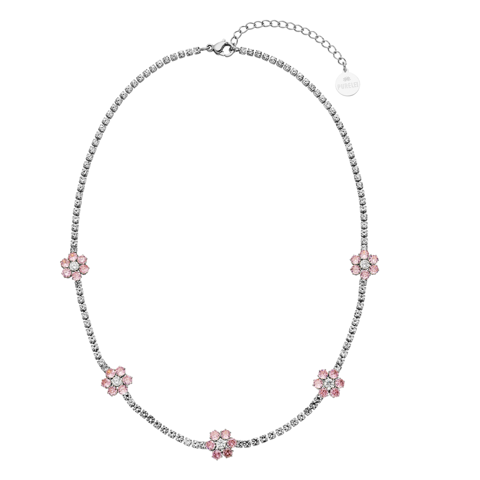 PURELEI Anima Kette aus silberfarbenem Edelstahl mit fünf rosa Zirkonia-Blumen, elegant und feminin.