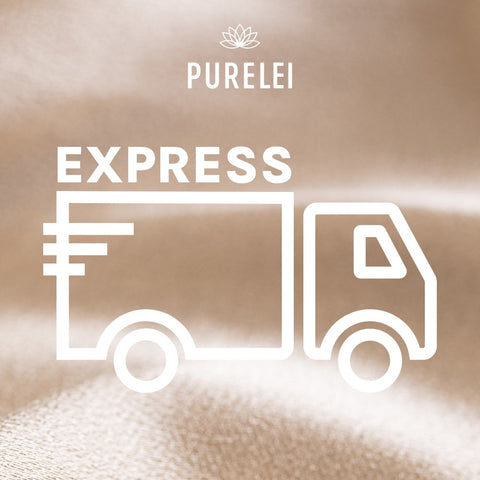 PURELEI Free Express Shipping Icon vor sanftem, champagnerfarbenem Hintergrund – elegant und klar gestaltet.