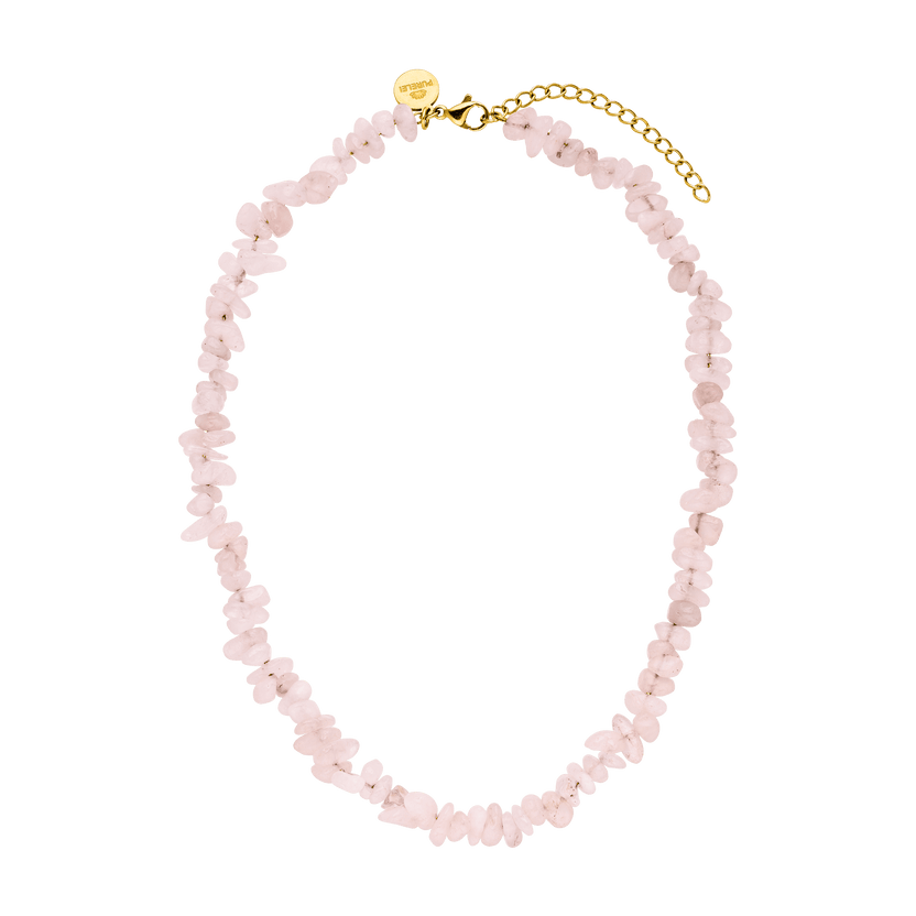 Zarte Kette aus rosa Quarz mit goldener Verlängerung, PURELEI, elegant und feminin.