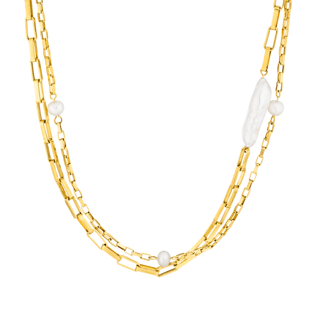 Kapakai Kette von PURELEI, goldene Edelstahlkette mit echten Süßwasserperlen, elegant und feminin, Insel-Spirit.
