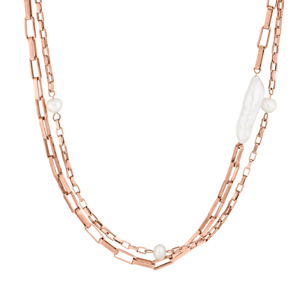 Kapakai Kette von PURELEI, roségoldene Edelstahlkette mit unregelmäßigen Süßwasserperlen, elegant und feminin.