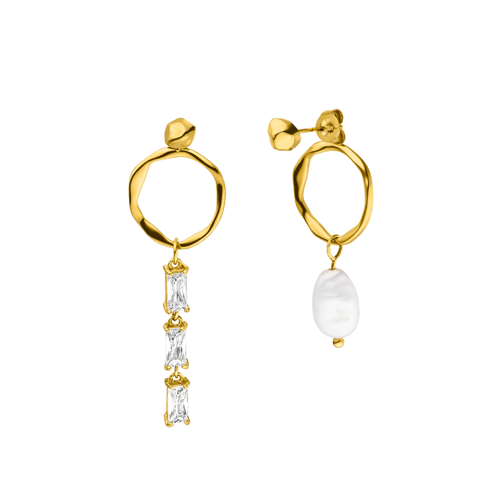 Elua Ohrringe von PURELEI, 18K Gold Edelstahl, asymmetrisch mit Zirkonia und einzigartiger Keshi-Perle, elegant und feminin.