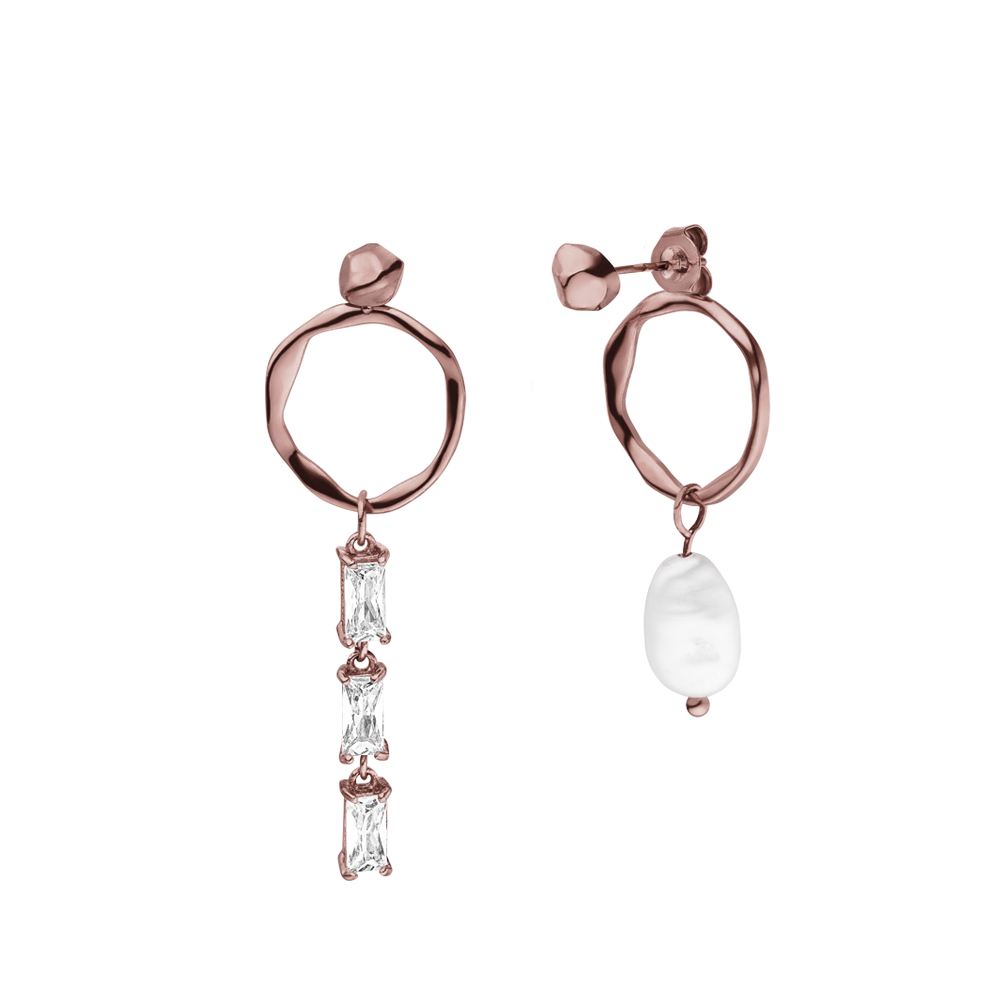 Elua Ohrringe in Roségold mit unregelmäßiger Perle und funkelnden Zirkonia, nickelfrei, PURELEI.