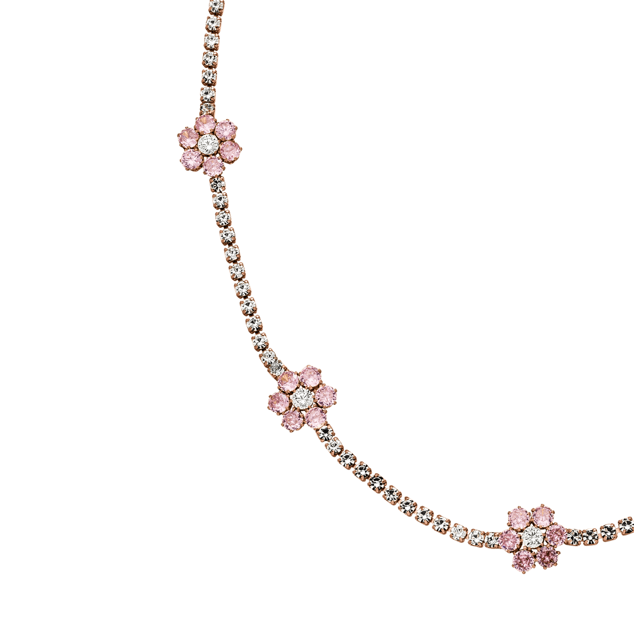 PURELEI Anima Kette aus roségoldenem Edelstahl mit rosa Zirkonia-Blumen, femininer, eleganter Schmuck mit Island-Spirit.