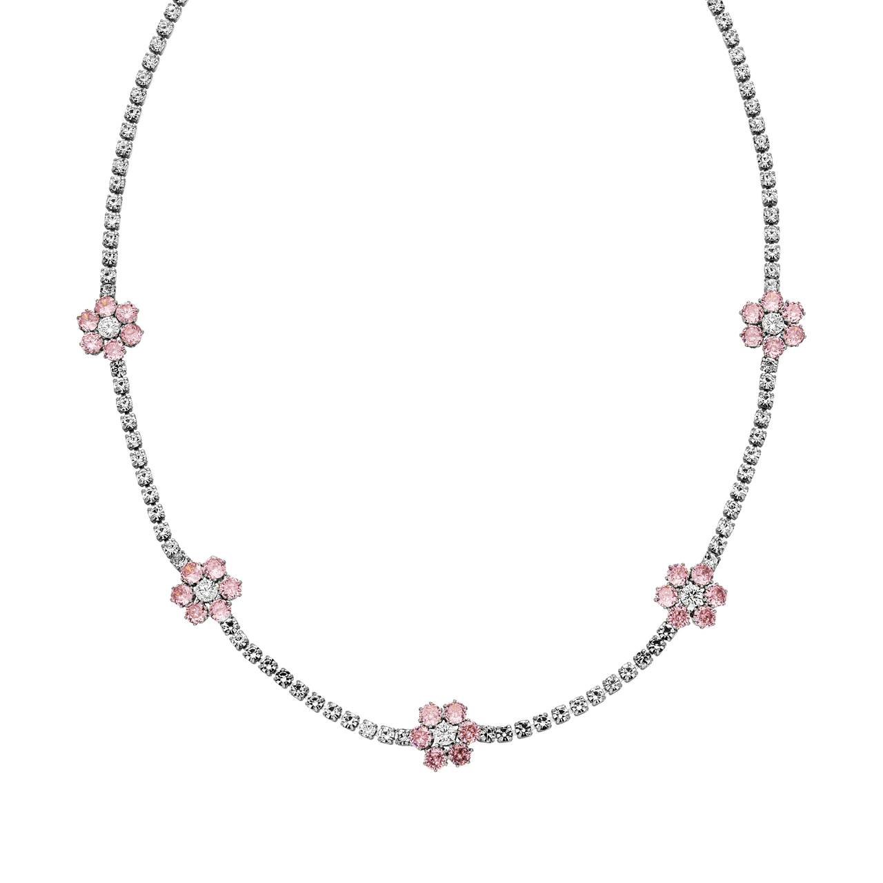 PURELEI Anima Kette aus silbernen Zirkonia-Steinen mit rosa Blüten, elegant und feminin, nickelfrei.
