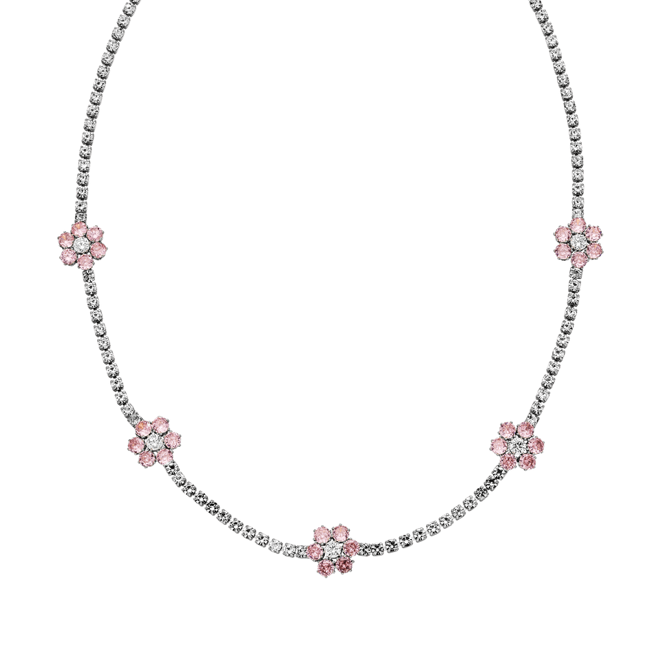 PURELEI Anima Kette aus silbernen Zirkonia-Steinen mit rosa Blüten, elegant und feminin, nickelfrei.
