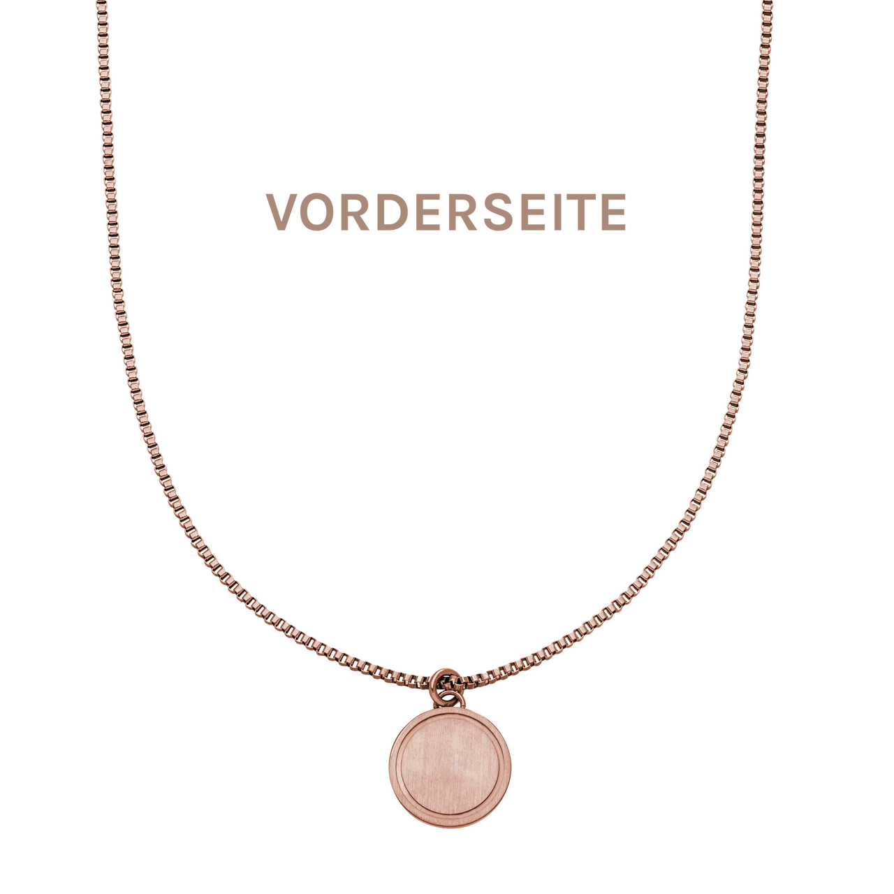 PURELEI Love Letter Kette aus rosévergoldetem Edelstahl mit rundem Anhänger, elegant und feminin inszeniert.