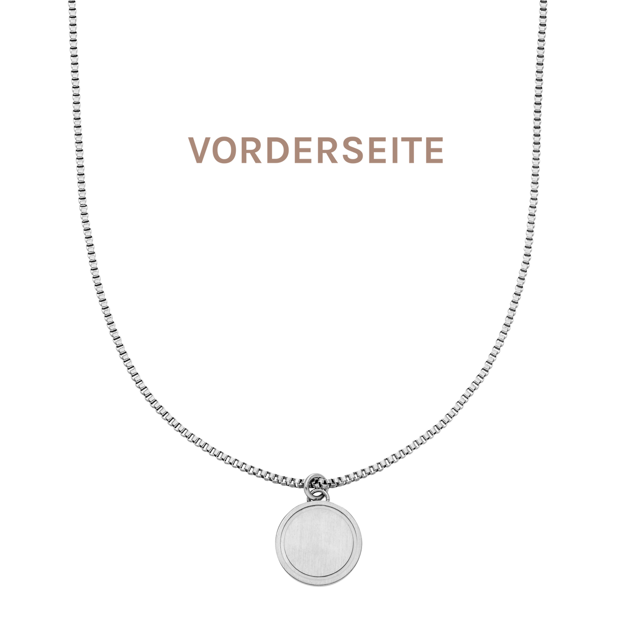 PURELEI Love Letter Kette aus nickelfreiem, silbernem Edelstahl mit rundem Gravur-Anhänger, elegant und zeitlos.