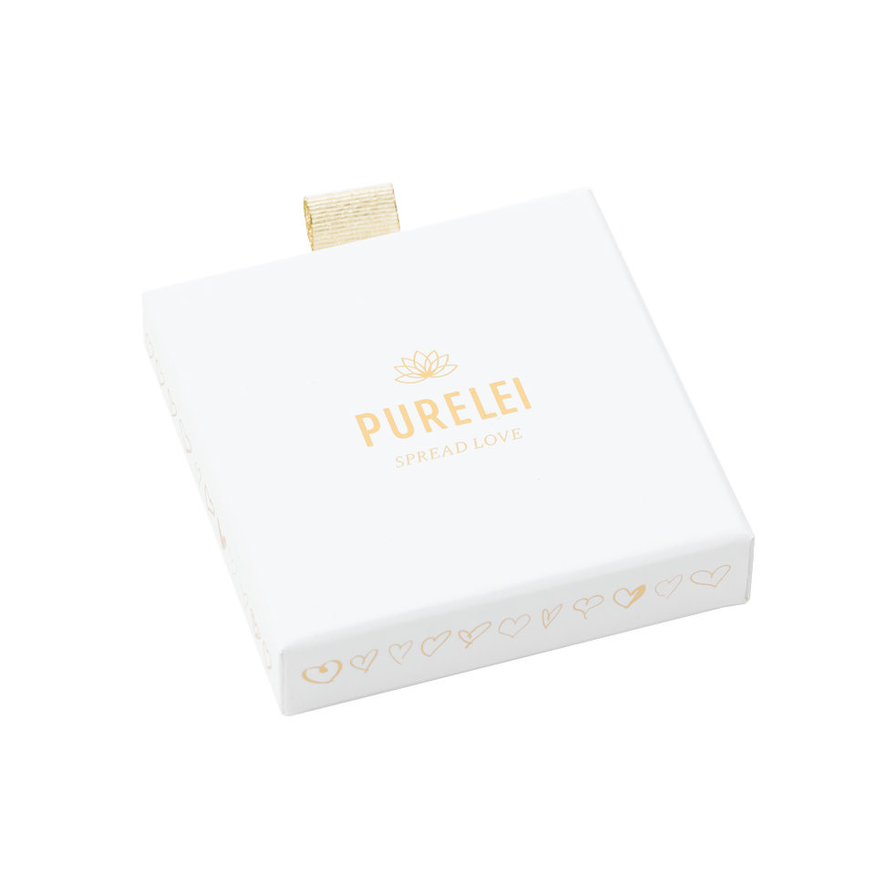 Weißes PURELEI Schmuckkästchen mit goldener Schrift, eleganter Aufbewahrung für das Heart Liebesschloss.